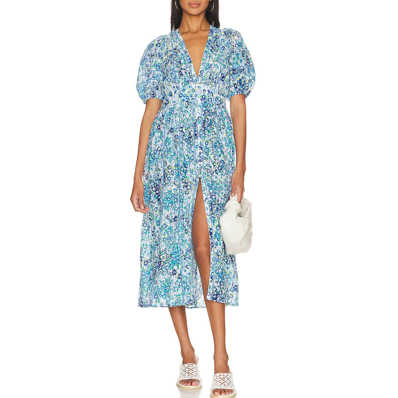 WOMEN SUMMER CASUAL SHORT PUFF SLEEVE BLUE FLORAL PRINT MIDI DRESSES